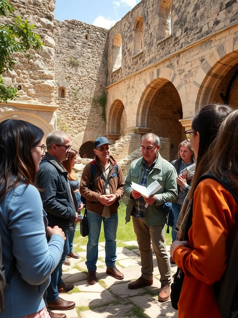 A photograph showing a heritage tour group led by a guide through the Saint Geraud Abbey ruins. The guide is pointing out historical features, and the group is listening attentively, illustrating the immersive experience of the tour.