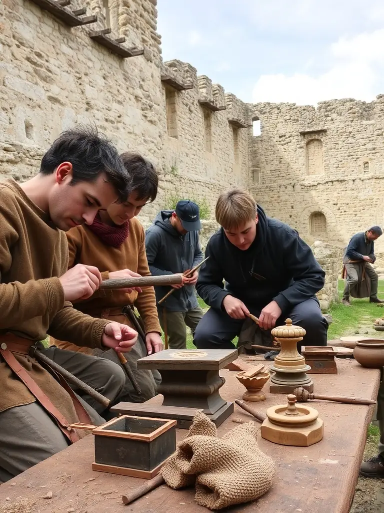 A photograph depicting participants in a historical reconstruction workshop, learning traditional building techniques and crafting replicas of medieval artifacts. The workshop is set against the backdrop of the Abbey ruins.
