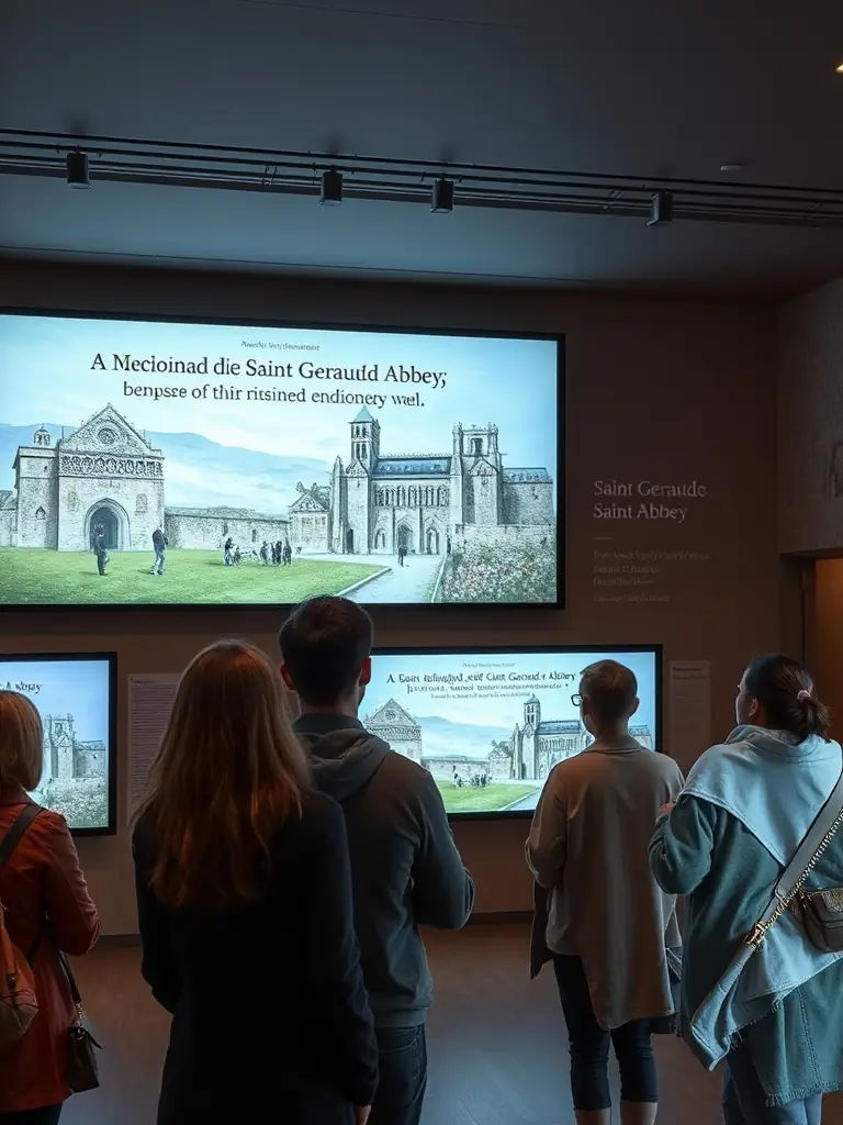 A photograph showcasing a multimedia presentation about the history of Saint Geraud Abbey, displayed in a modern exhibition space. Visitors are watching the presentation, highlighting the use of technology to enhance the learning experience.
