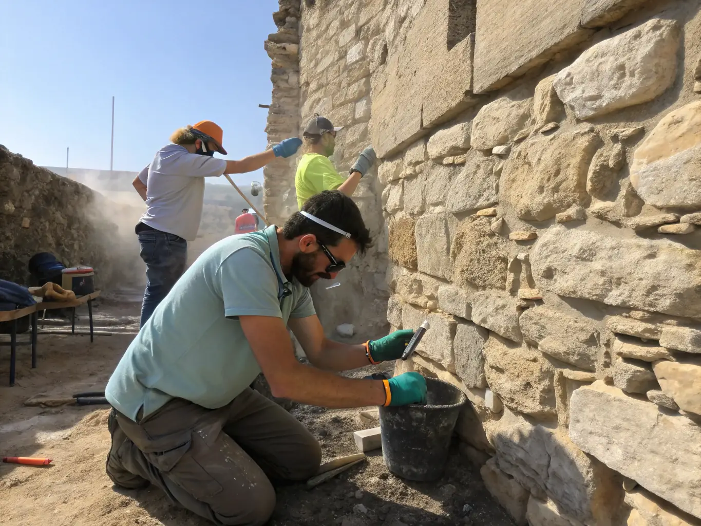 A photograph showcasing the meticulous restoration work being done on a section of the abbey's ancient stone walls, with skilled conservators carefully repairing and preserving the original stonework.