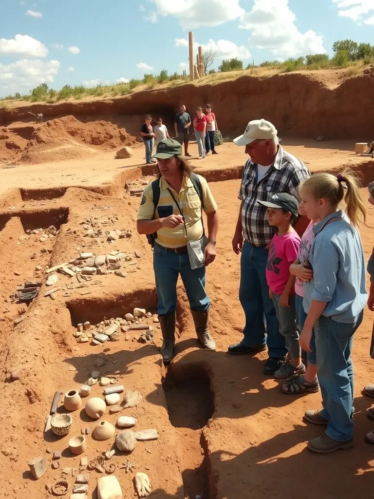 A photograph capturing a group of school children participating in an archaeological dig at the Saint Geraud Abbey site, supervised by experienced archaeologists. The children are carefully excavating artifacts, showcasing the educational aspect of the program.