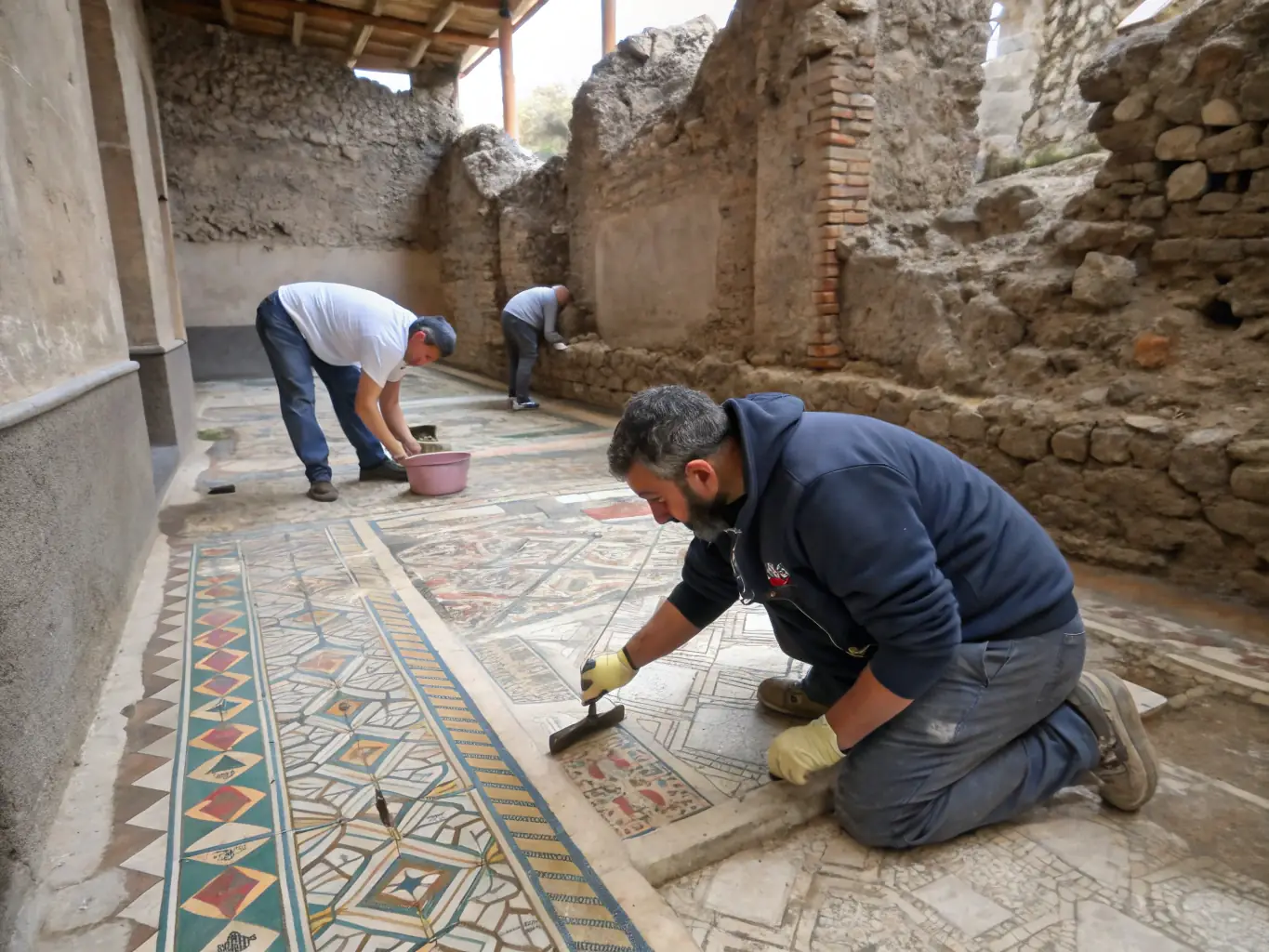 An image depicting archaeologists carefully excavating a newly discovered section of the abbey grounds, uncovering artifacts and structures that provide new insights into the site's history.