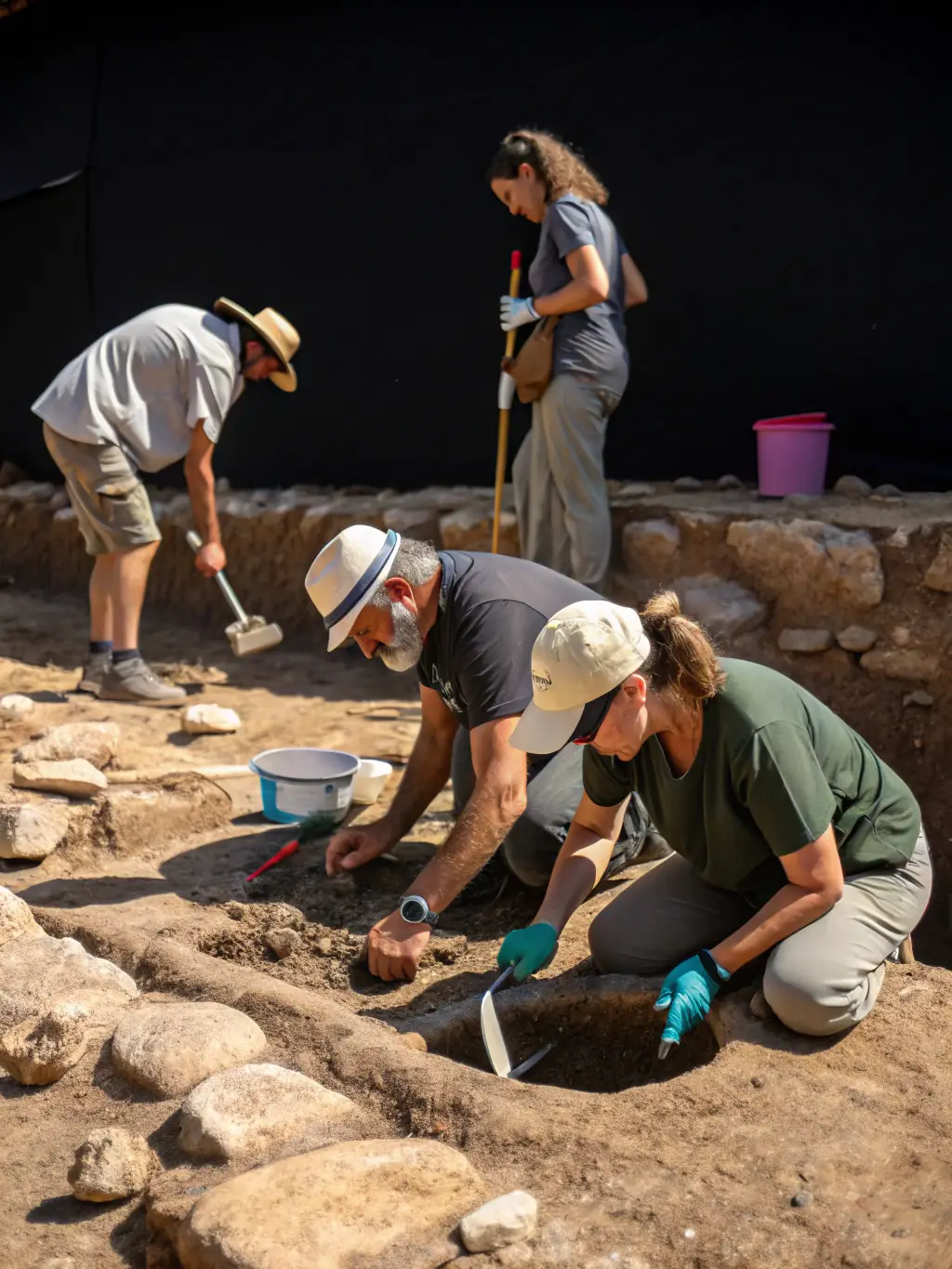 A photograph of volunteers working on an archaeological dig at the Saint Geraud Abbey site, carefully excavating artifacts.