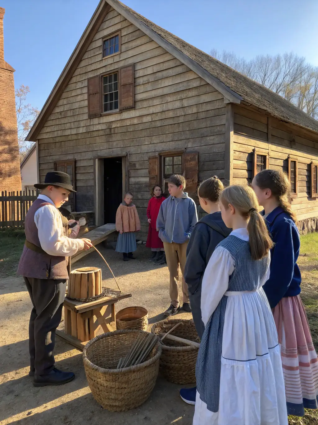 Children participating in a historical reenactment activity at the Saint Geraud Abbey, dressed in period costumes and engaging in traditional crafts. The image should convey a sense of fun and interactive learning.