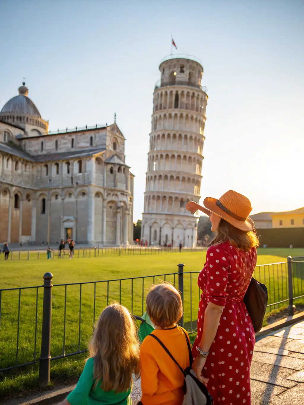 A family enjoying a guided tour of the Saint Geraud Abbey, with a knowledgeable guide pointing out historical features and sharing stories about the abbey's past. The image should convey a sense of engagement and historical appreciation.
