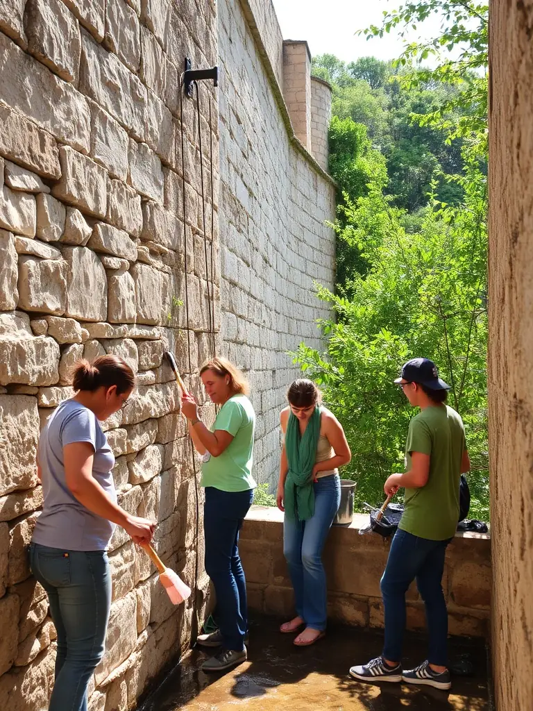 A photograph capturing volunteers cleaning and preserving a section of the abbey ruins, showcasing community involvement in heritage preservation.